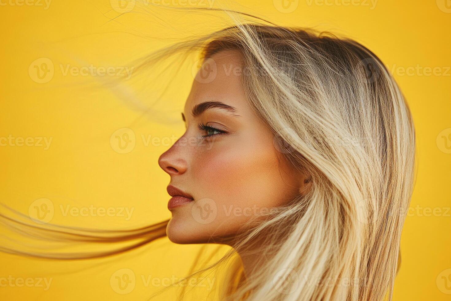 Profile portrait of a blonde woman with hair flowing in the wind on a yellow backdrop. photo