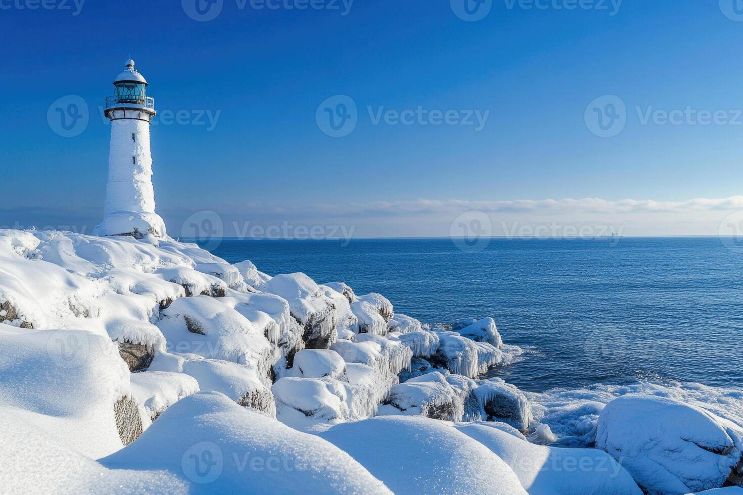 A lighthouse covered in snow by the winter sea. photo