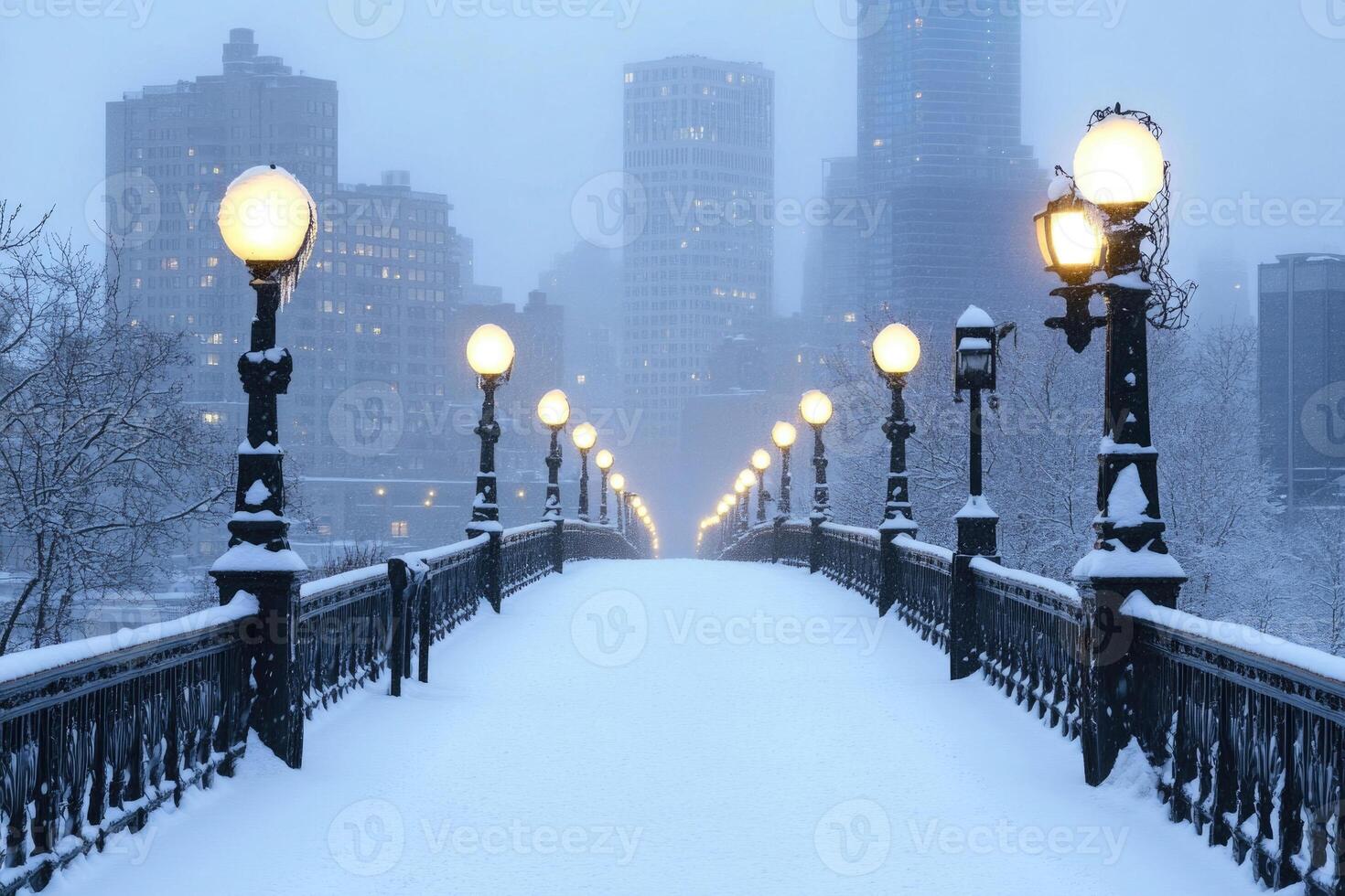 A city bridge covered in snow with the skyline in the background. photo