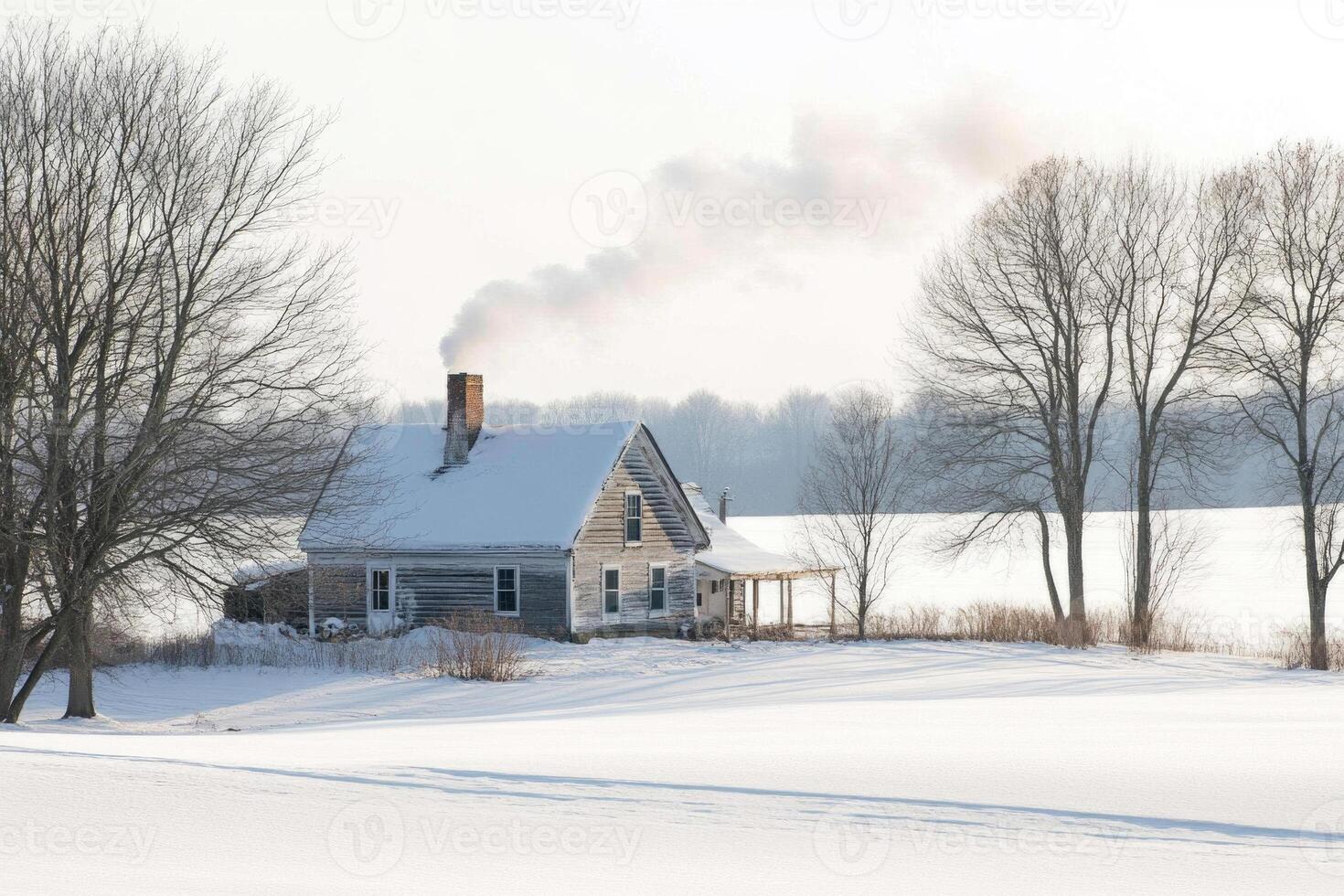 A farmhouse surrounded by snow in the countryside. photo