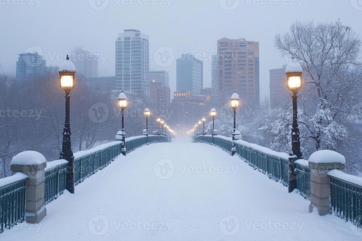 A city bridge covered in snow with the skyline in the background. photo