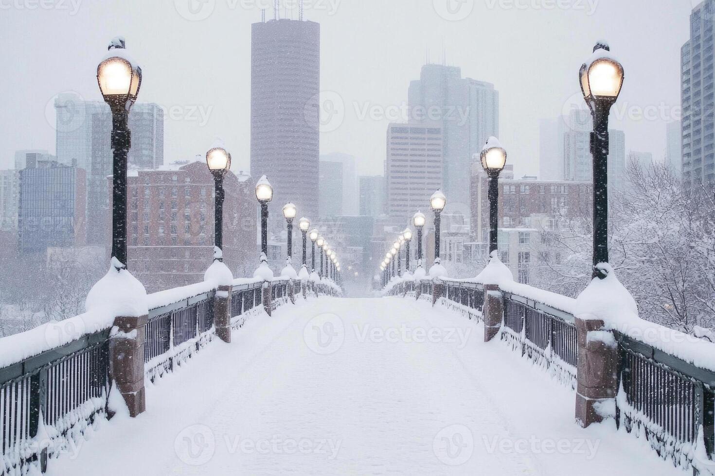 A city bridge covered in snow with the skyline in the background. photo