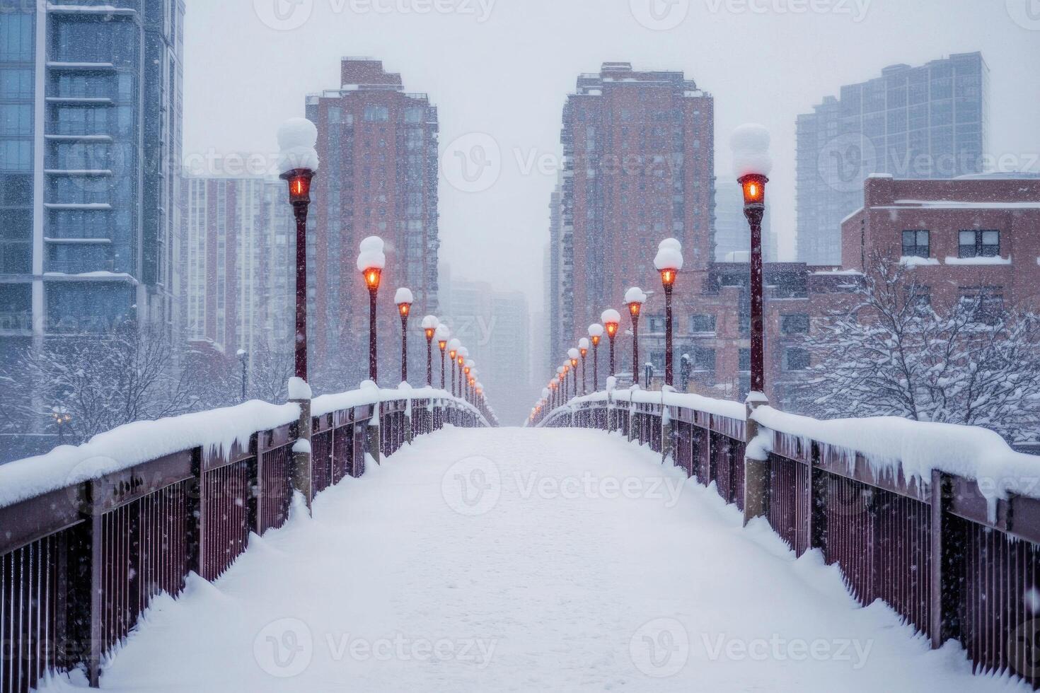 A city bridge covered in snow with the skyline in the background. photo