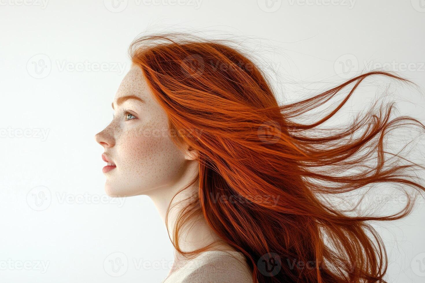 Profile portrait of a beautiful red-haired young woman with flowing hair on a white studio background. photo