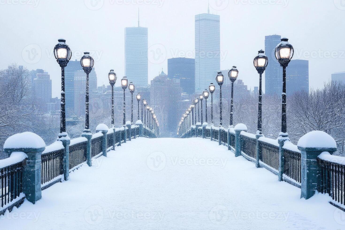 A city bridge covered in snow with the skyline in the background. photo