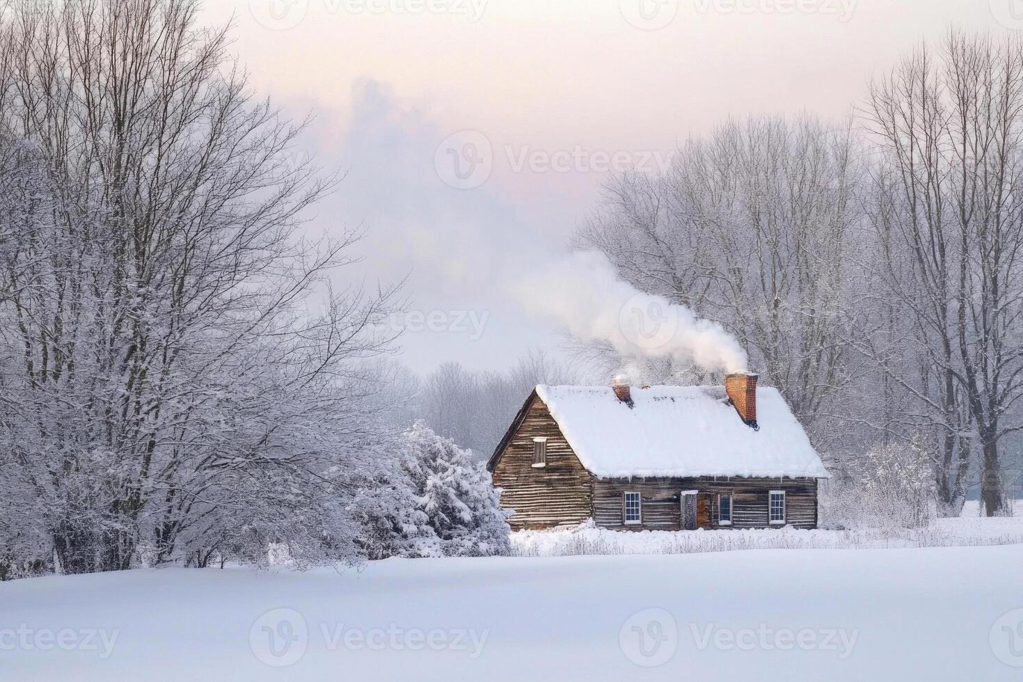 A farmhouse surrounded by snow in the countryside. photo