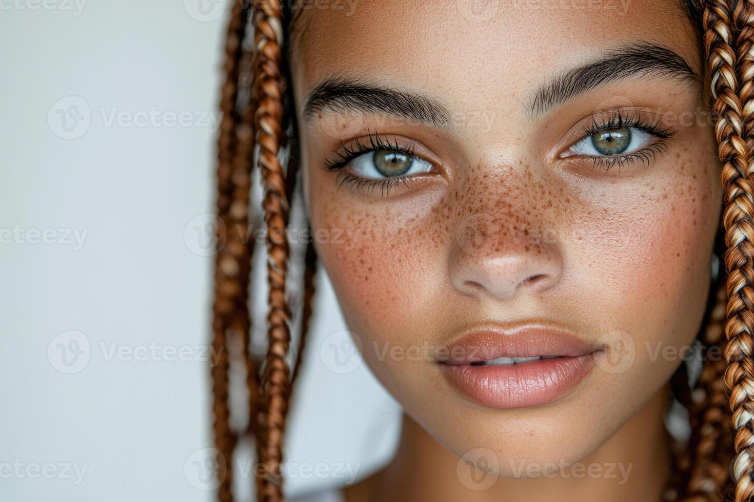 Close-up portrait of a young beautiful woman with boho braids on a white studio background. photo