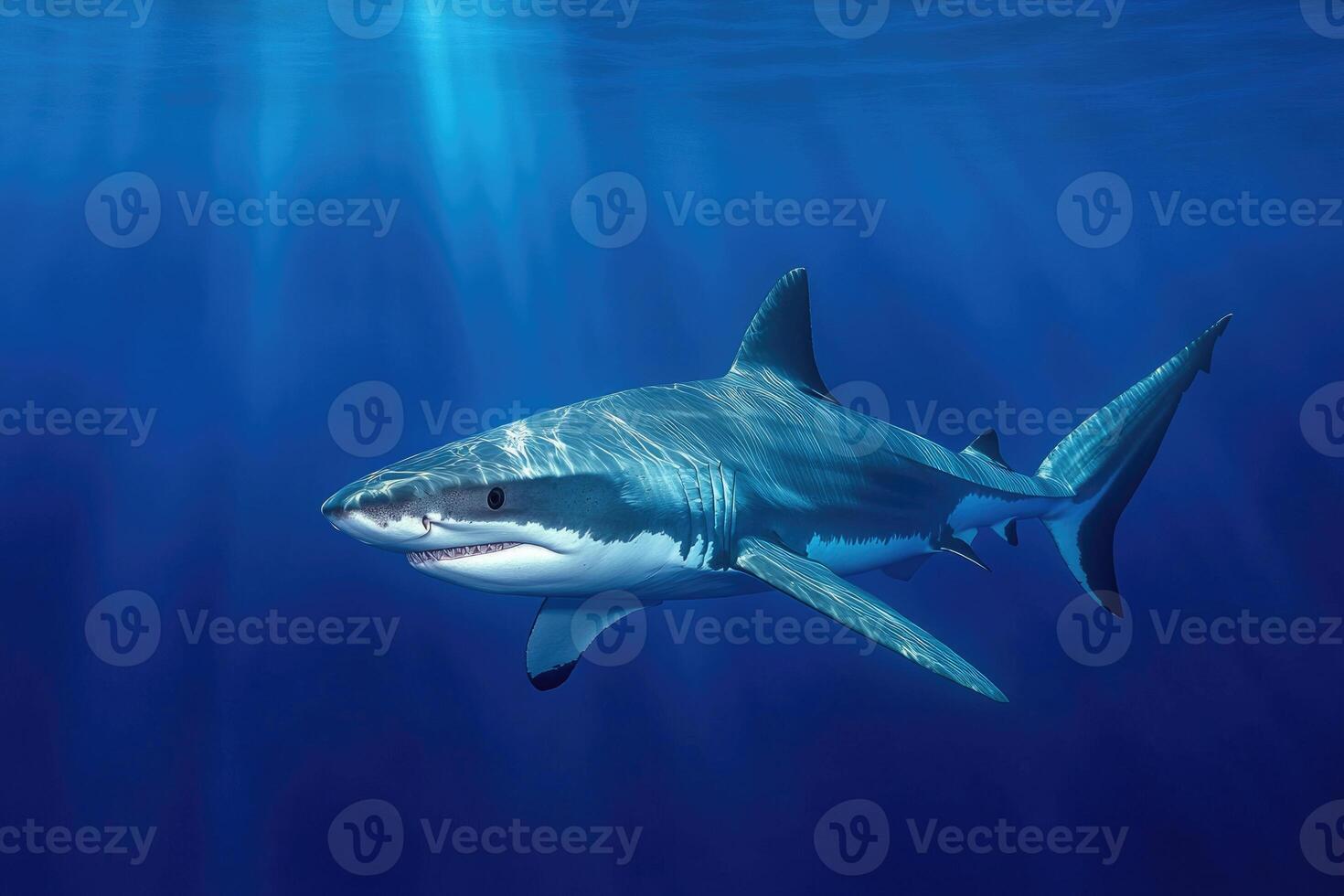 A majestic shark swimming silently through deep blue waters. photo