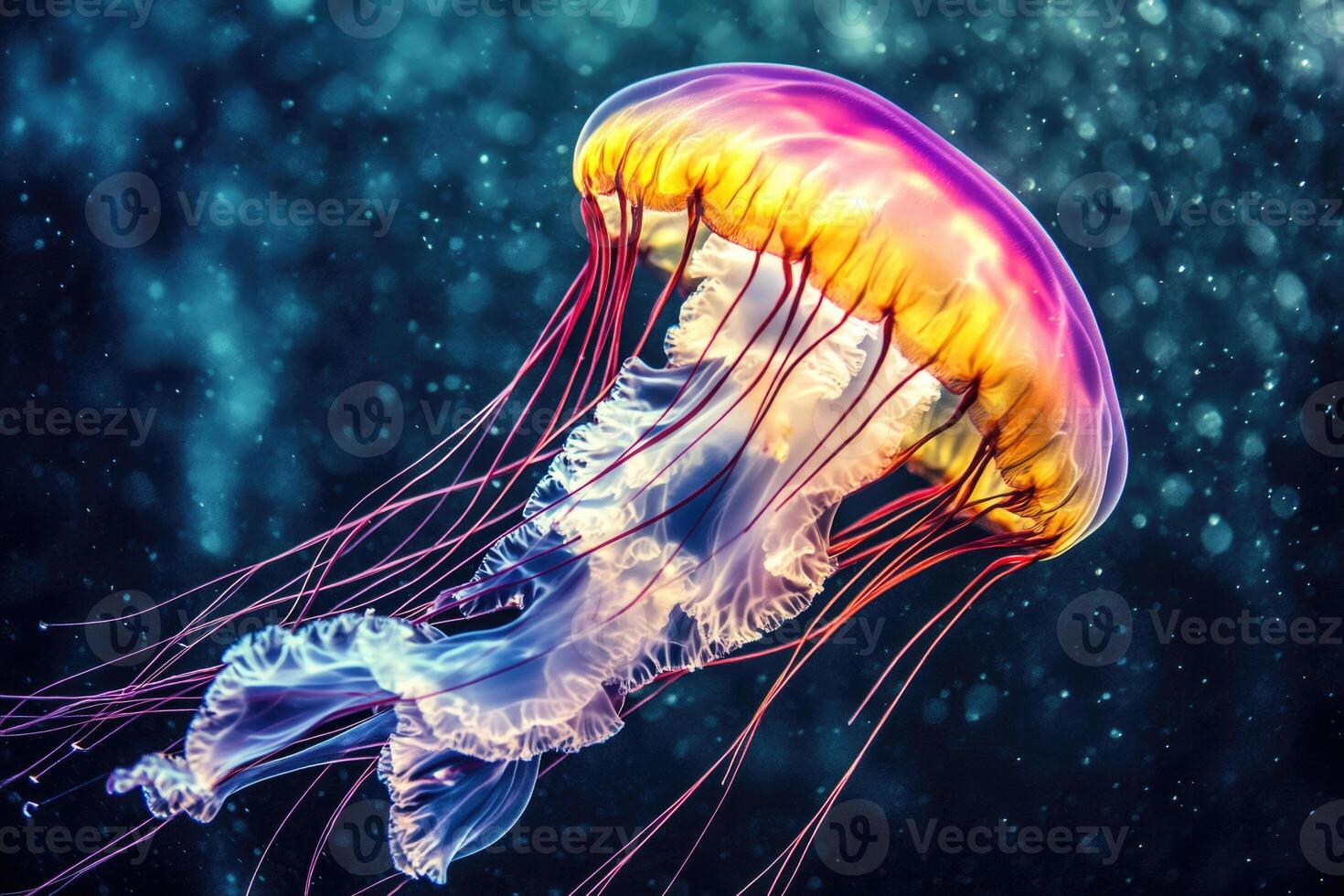A vibrant jellyfish floating gracefully in the deep sea. photo