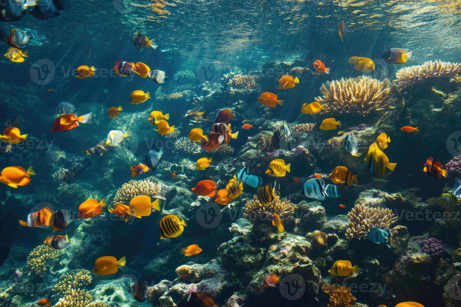 A vibrant coral reef teeming with various species of colorful fish. photo
