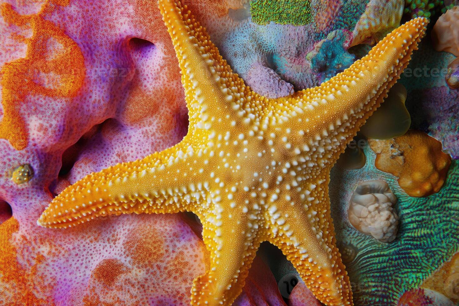A close-up of a starfish resting on a vibrant coral reef. photo