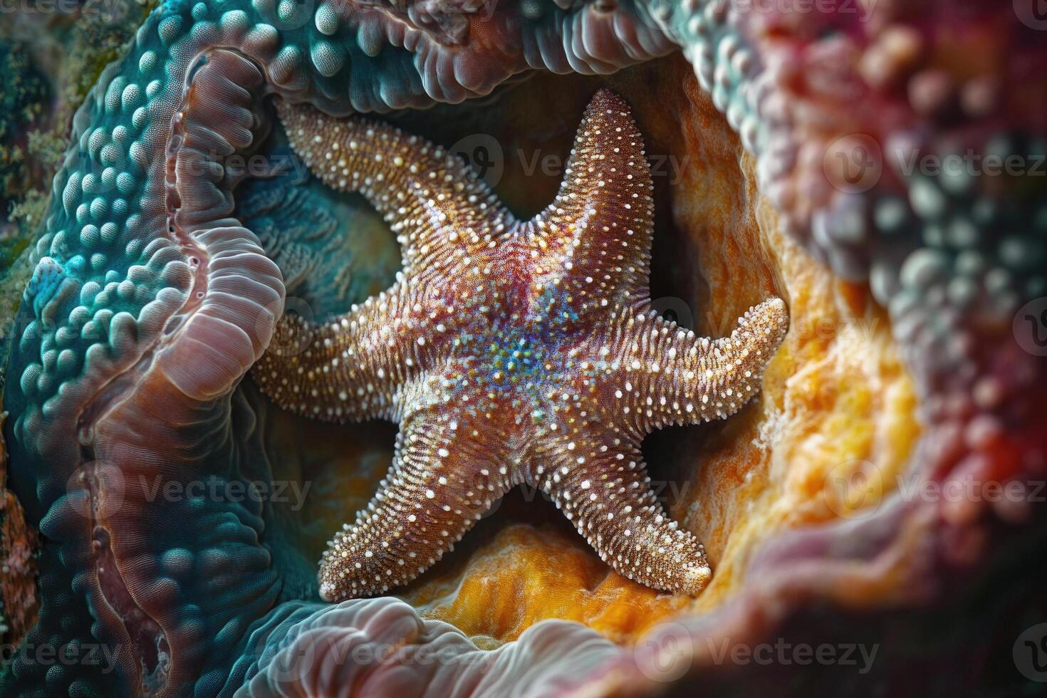 A close-up of a starfish resting on a vibrant coral reef. photo