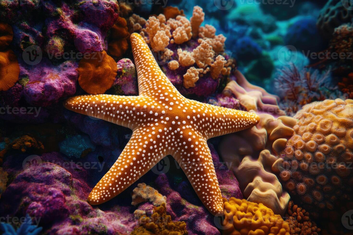 A close-up of a starfish resting on a vibrant coral reef. photo