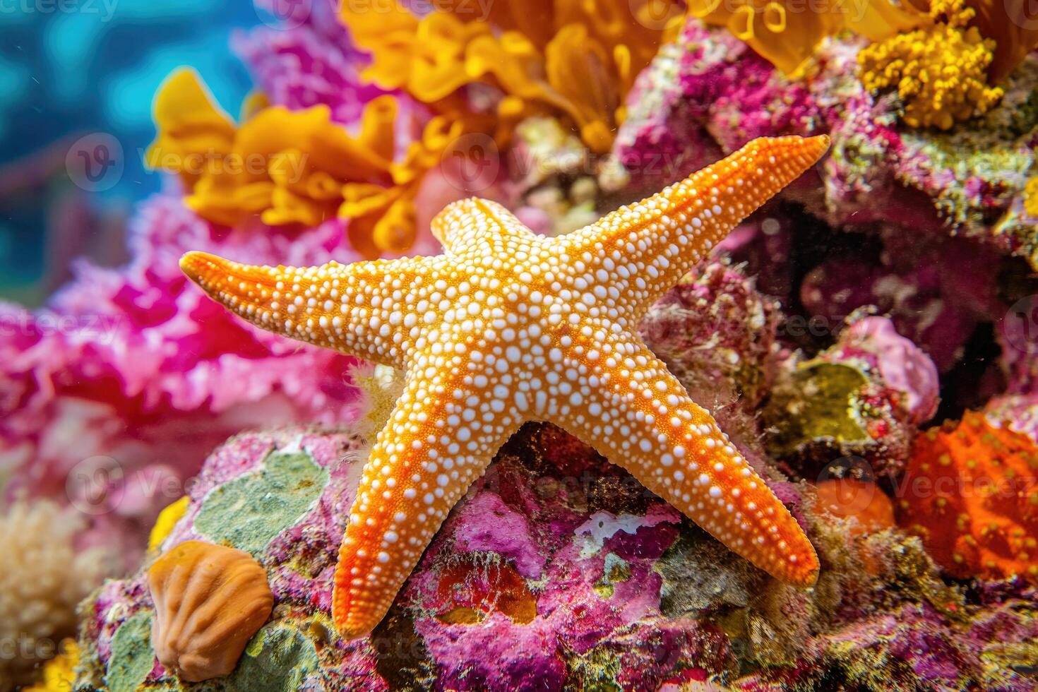 A close-up of a starfish resting on a vibrant coral reef. photo