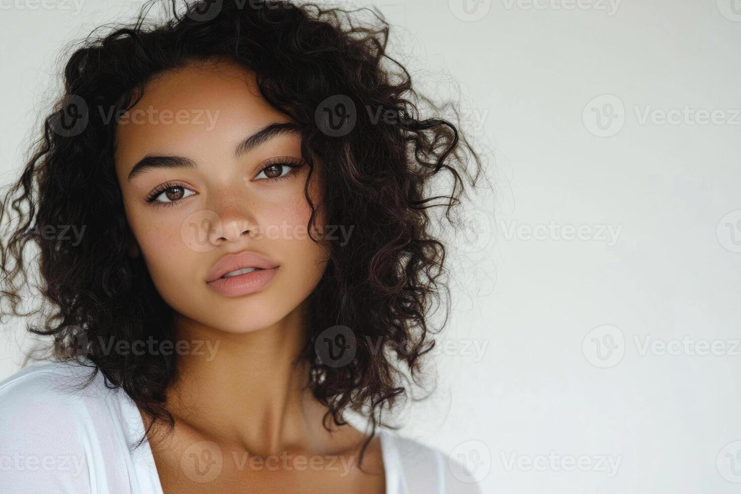 Beautiful woman with sock curls gazing thoughtfully in a white studio setting. photo