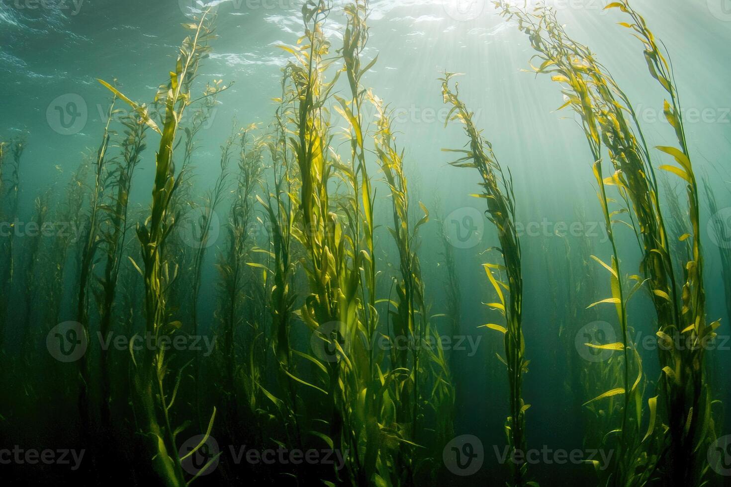 A serene underwater view of a kelp forest swaying gently in the ocean current. photo