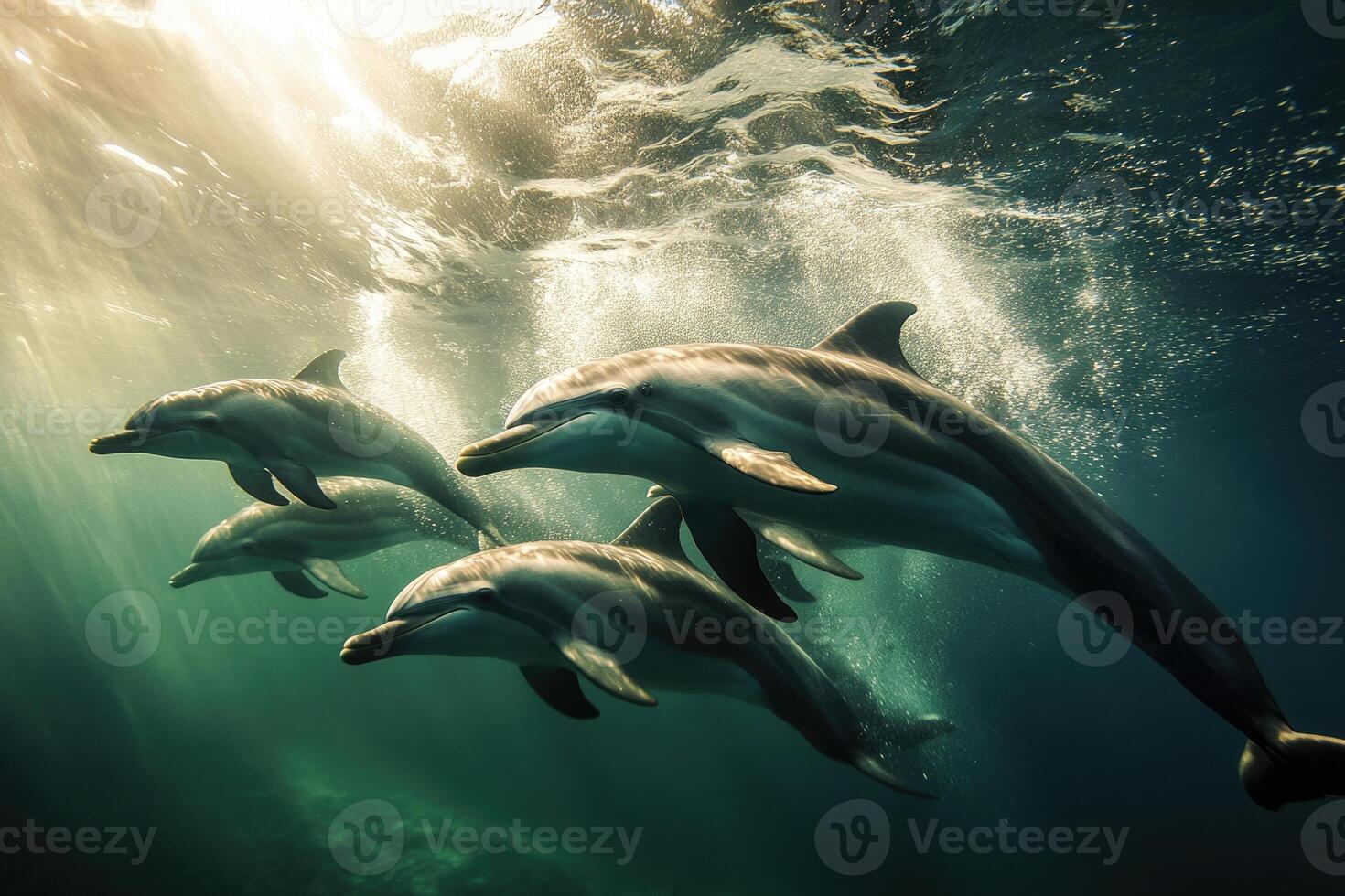 A group of dolphins playfully swimming near the surface of the water. photo