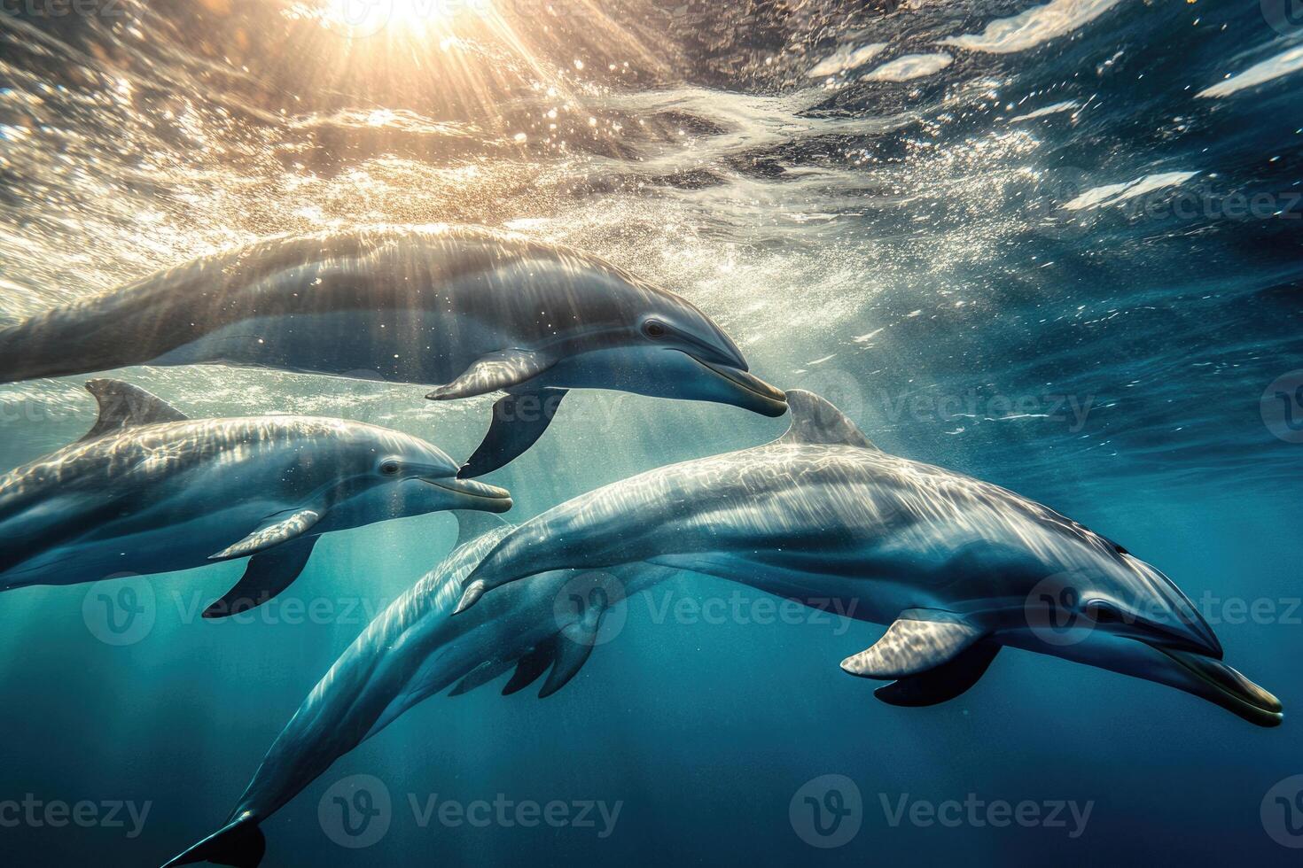 A group of dolphins playfully swimming near the surface of the water. photo