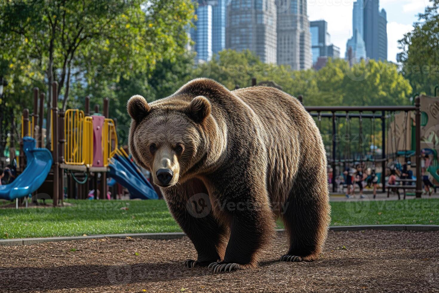 A bear near a playground in a city park. photo
