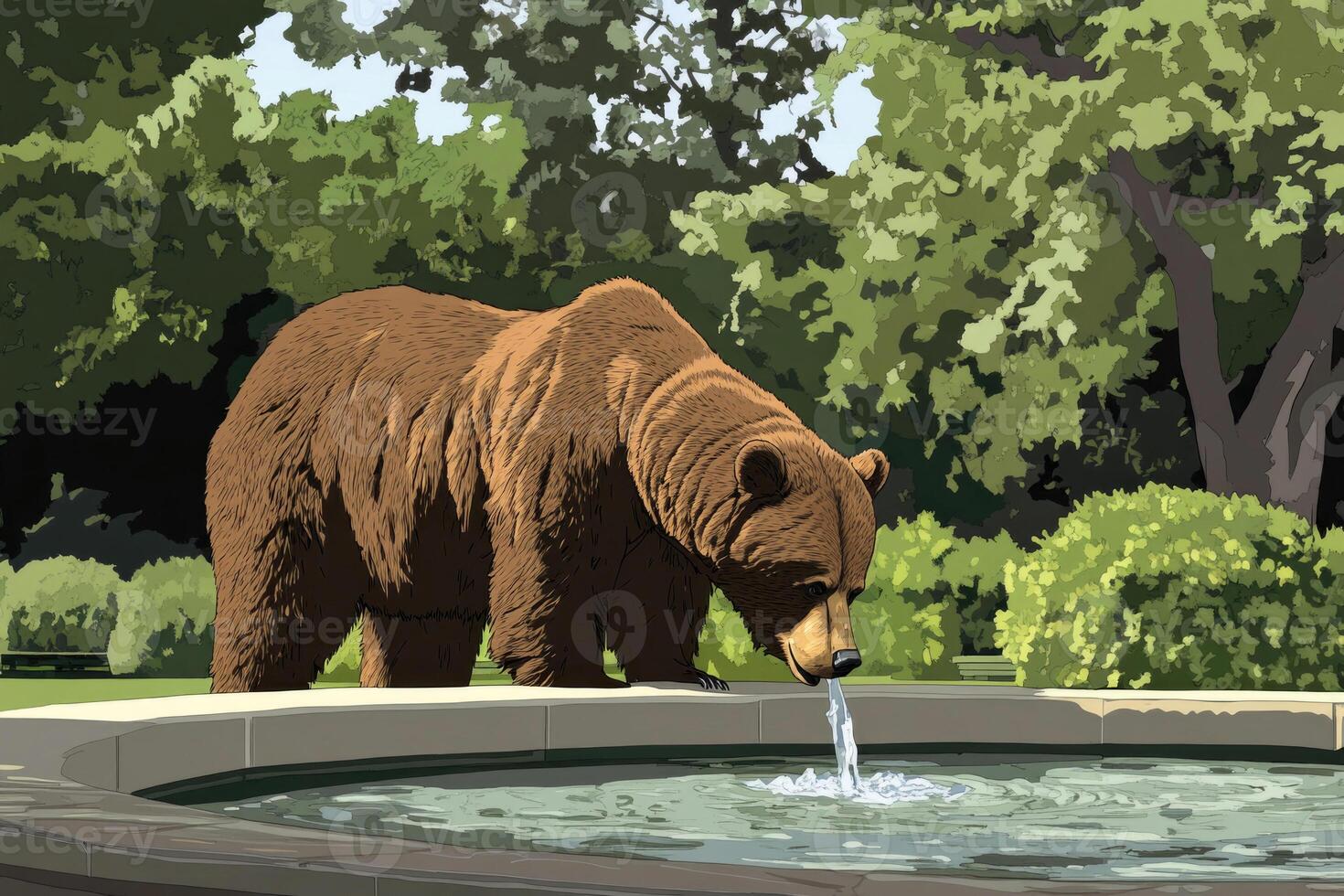 A bear drinking from a park fountain in a city park. photo