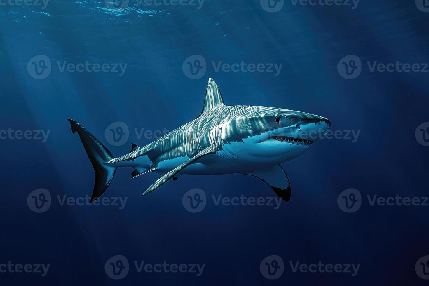 A majestic shark swimming silently through deep blue waters. photo