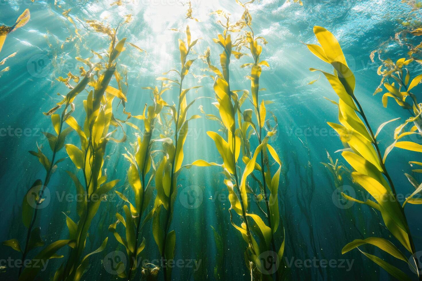 A serene underwater view of a kelp forest swaying gently in the ocean current. photo