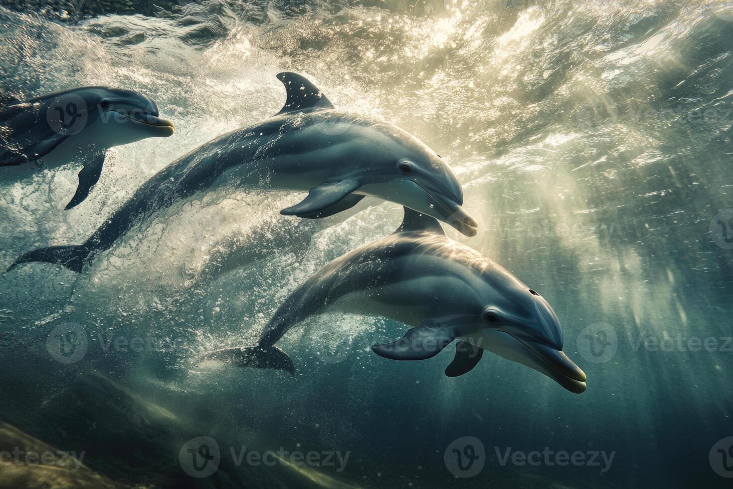 A group of dolphins playfully swimming near the surface of the water. photo