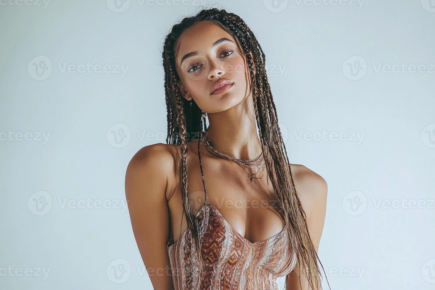 Full-body portrait of a young beautiful woman with boho braids, posing gracefully on a white studio background. photo