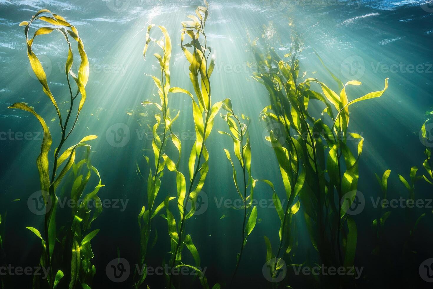 A serene underwater view of a kelp forest swaying gently in the ocean current. photo