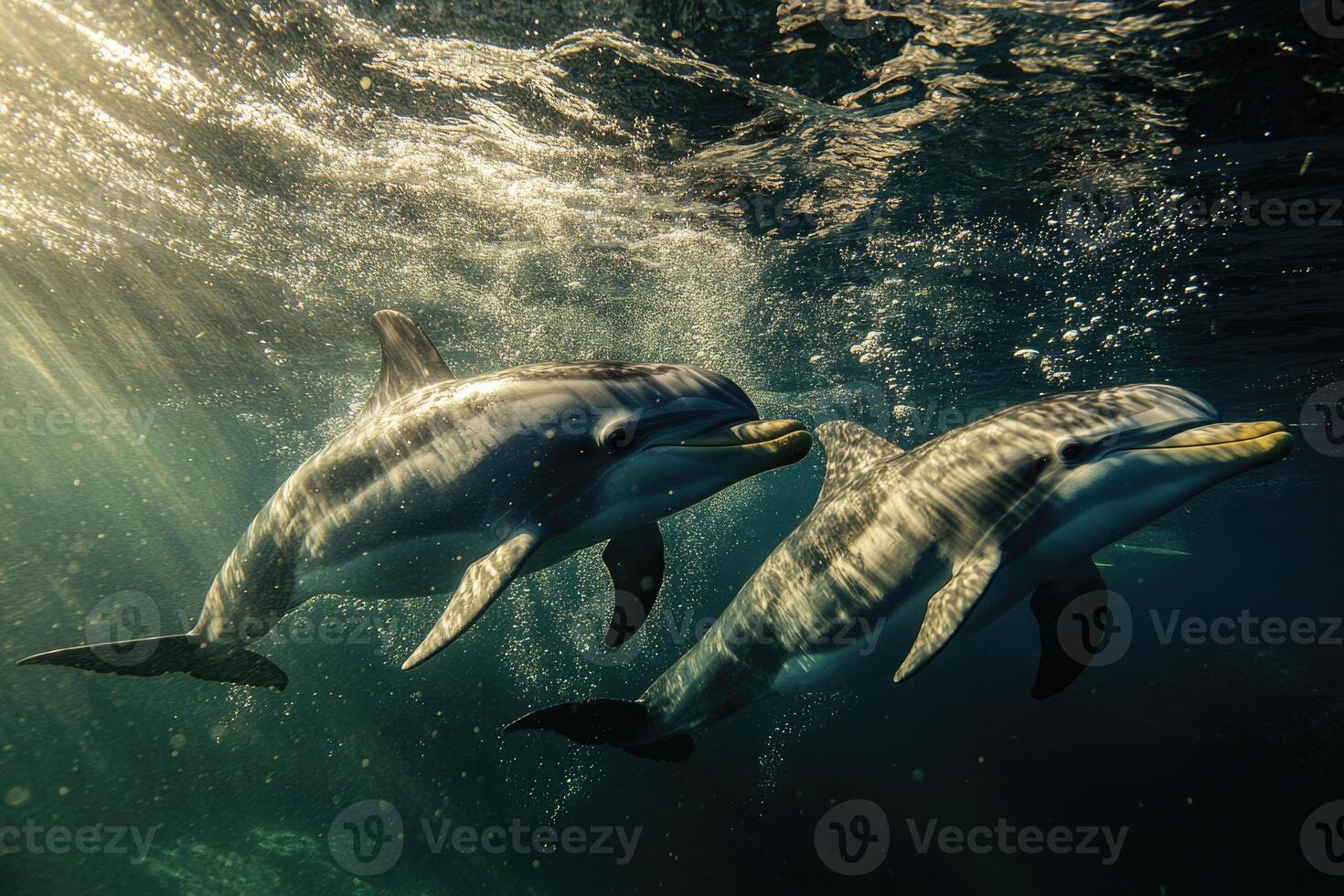 A group of dolphins playfully swimming near the surface of the water. photo