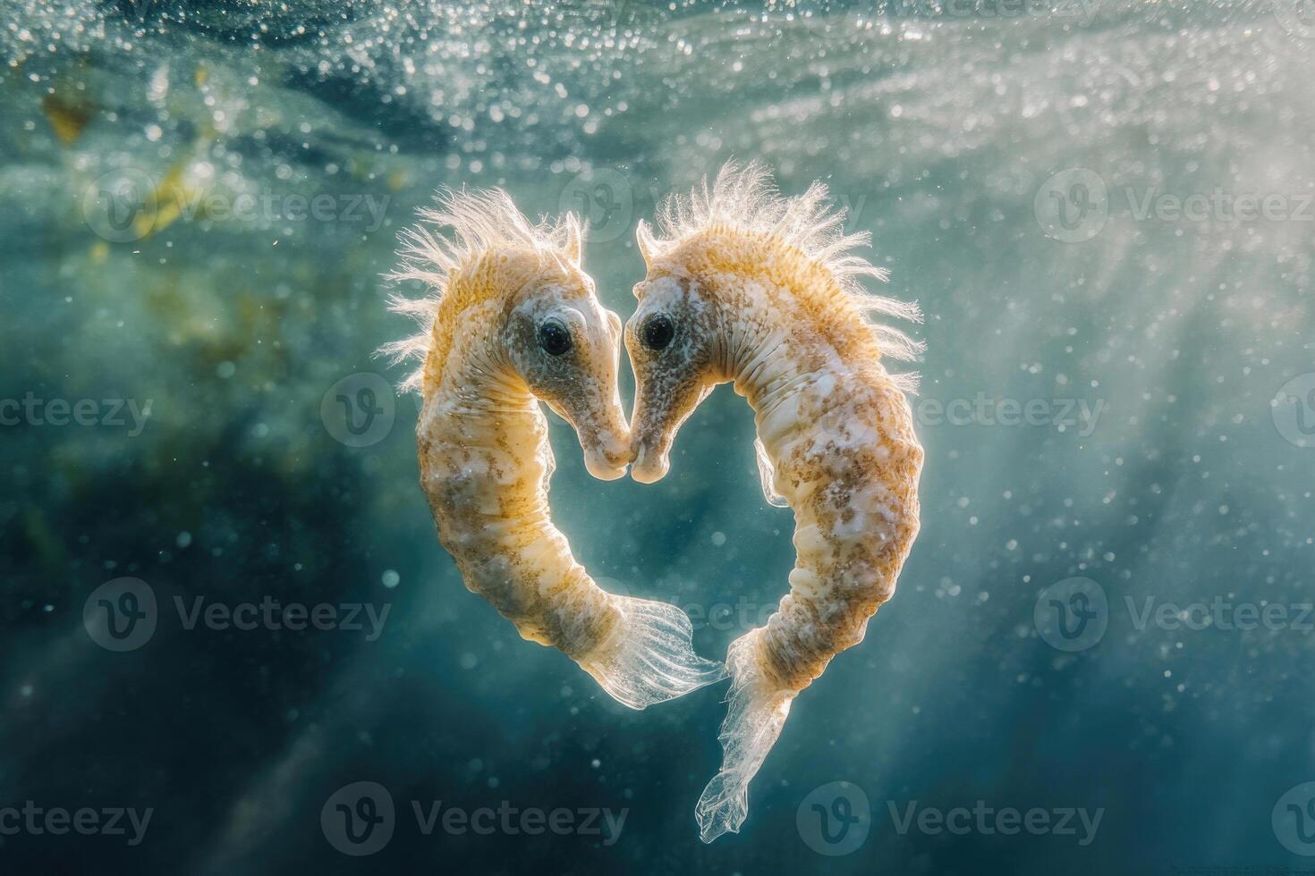 A pair of sea horses entwined, floating gently in the water. photo