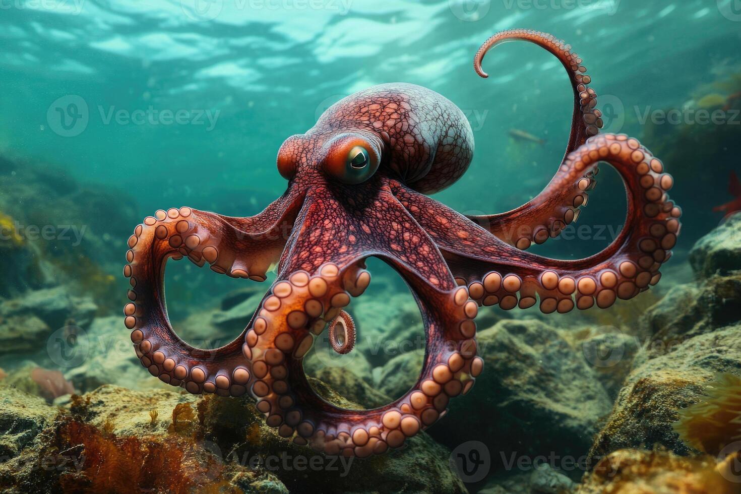 A curious octopus exploring the seafloor with its tentacles extended. photo