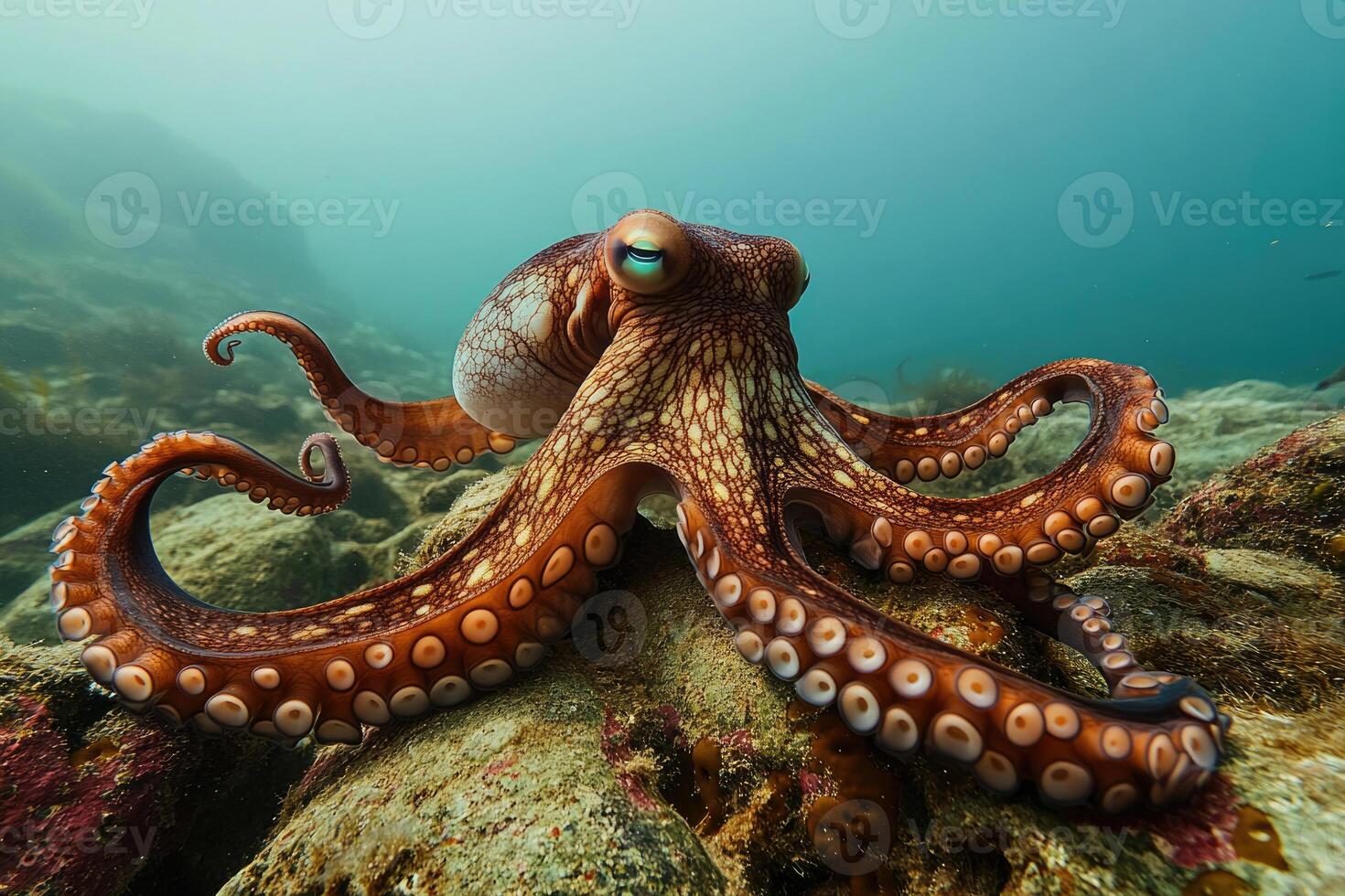 A curious octopus exploring the seafloor with its tentacles extended. photo