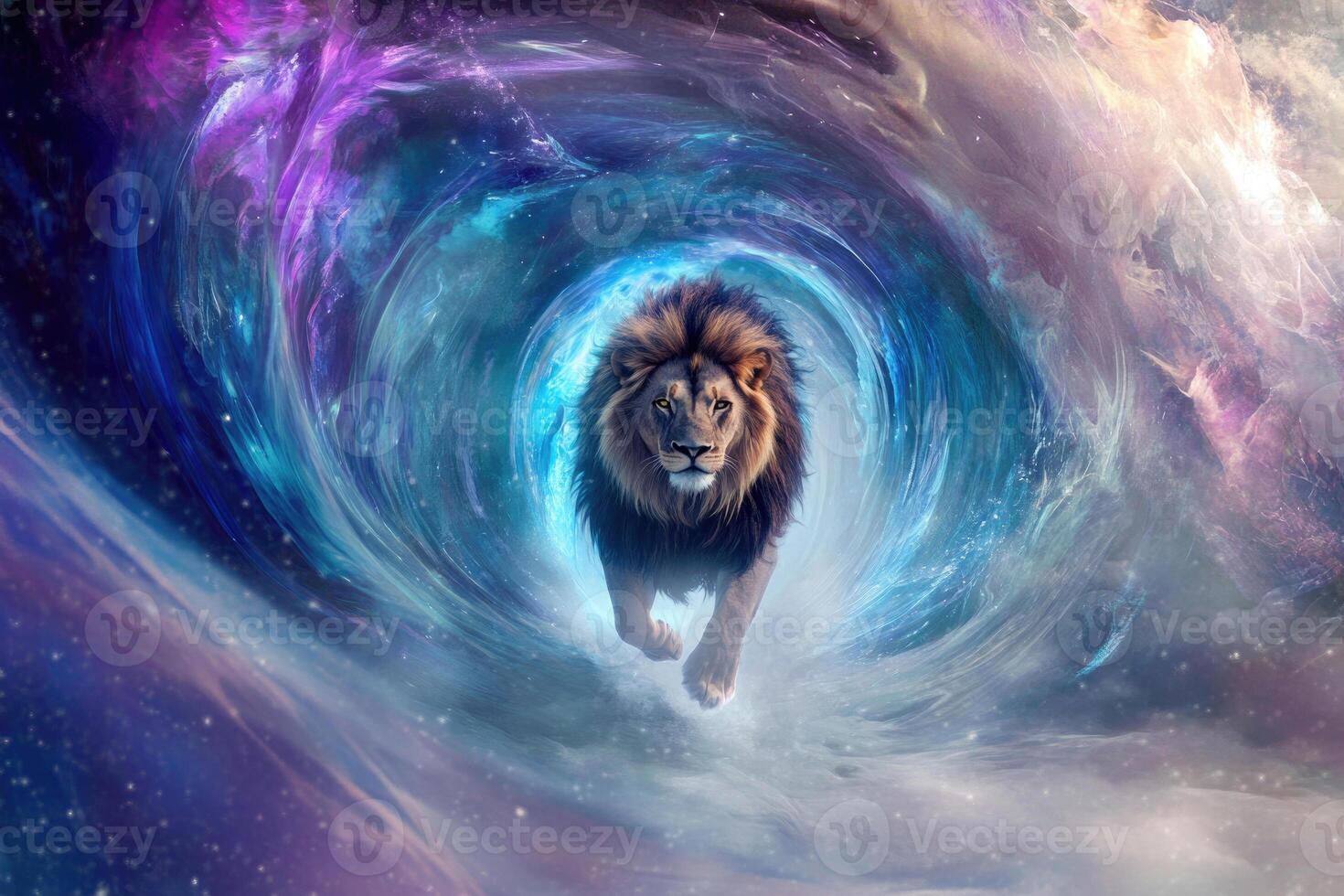 A lion stepping through a glowing portal with swirling energies. photo