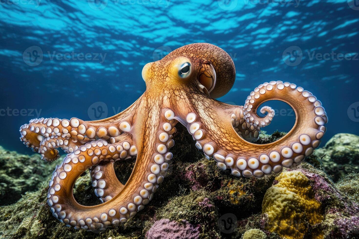 A curious octopus exploring the seafloor with its tentacles extended. photo