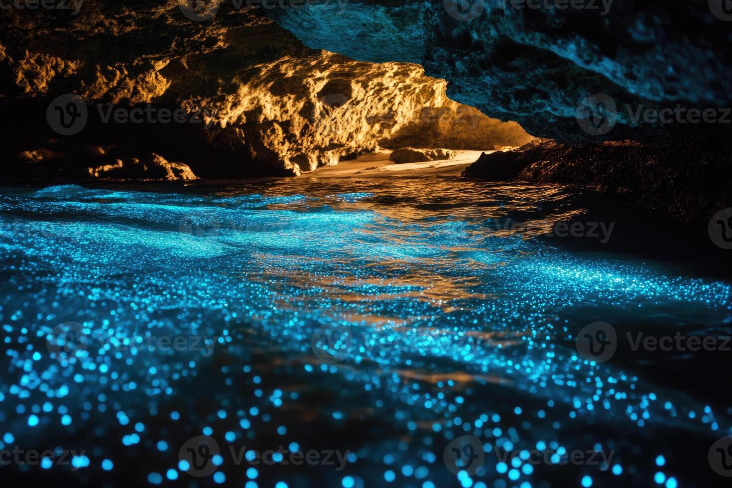 Bioluminescent plankton glow brilliantly in the dark. photo