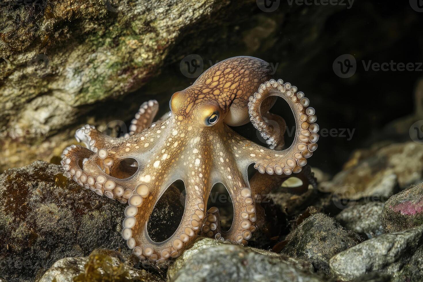 A curious octopus exploring the seafloor with its tentacles extended. photo