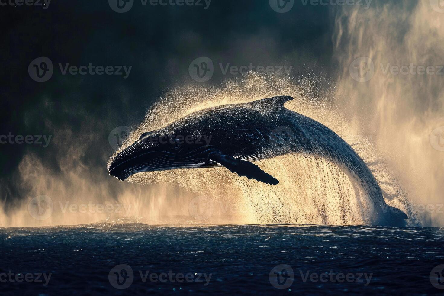 A majestic whale breaching the water, surrounded by a spray of ocean mist. photo