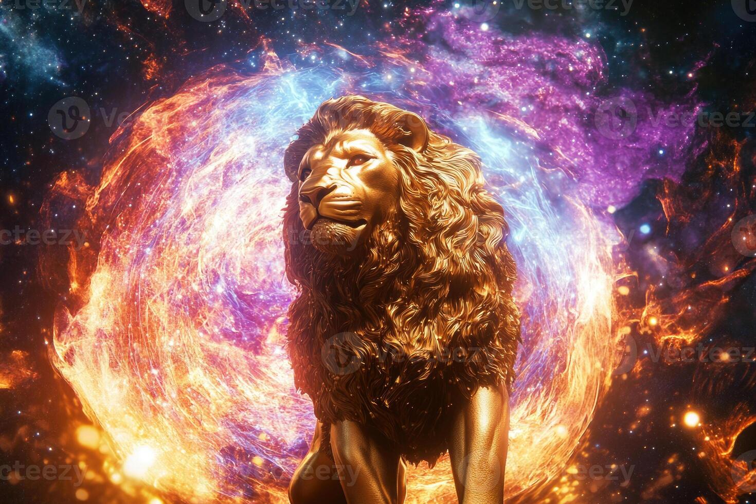 A golden lion statue with a glowing cosmic portal. photo