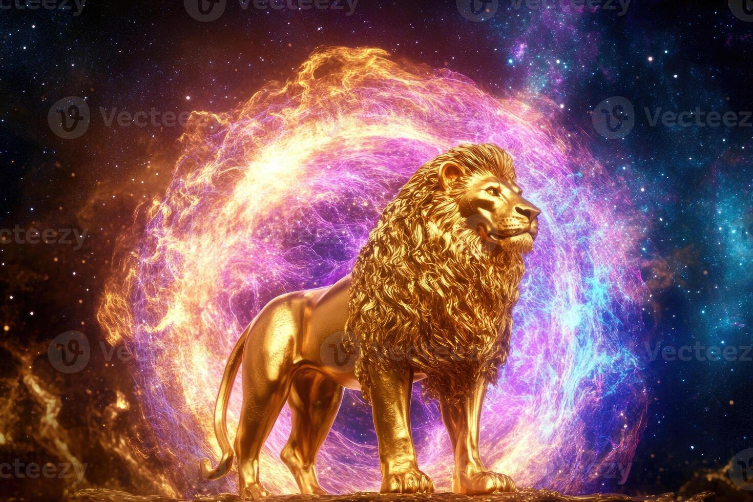 A golden lion statue with a glowing cosmic portal. photo