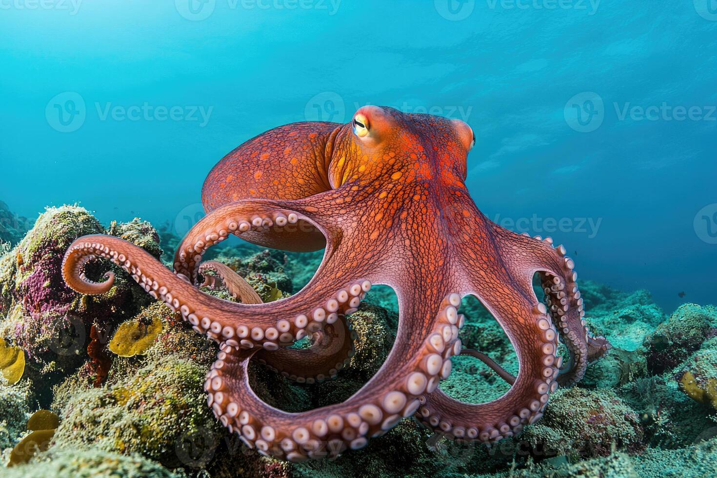 A curious octopus exploring the seafloor with its tentacles extended. photo