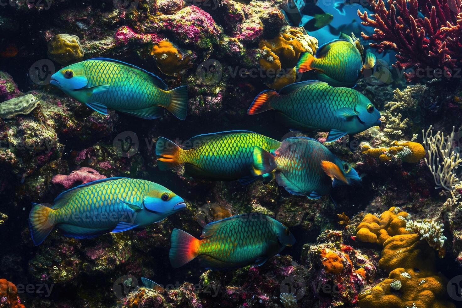 A vibrant school of parrotfish grazes on coral in a bustling, colorful reef. photo