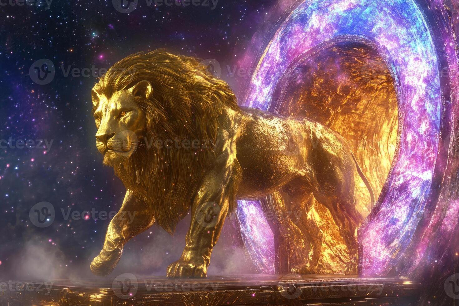 A golden lion statue with a glowing cosmic portal. photo