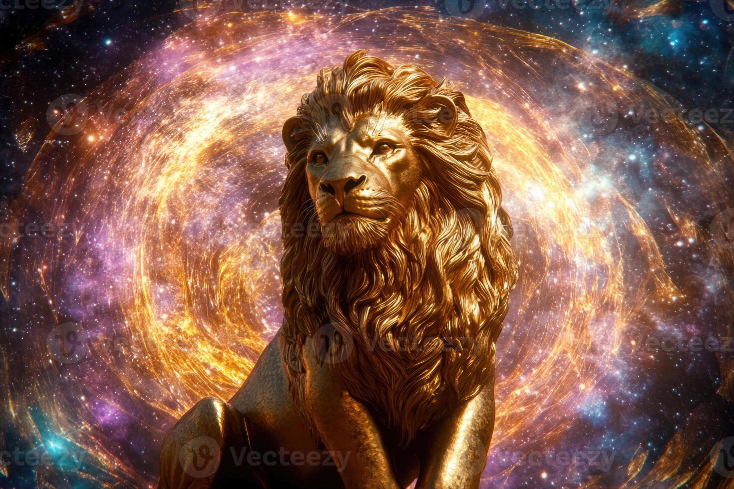 A golden lion statue with a glowing cosmic portal. photo