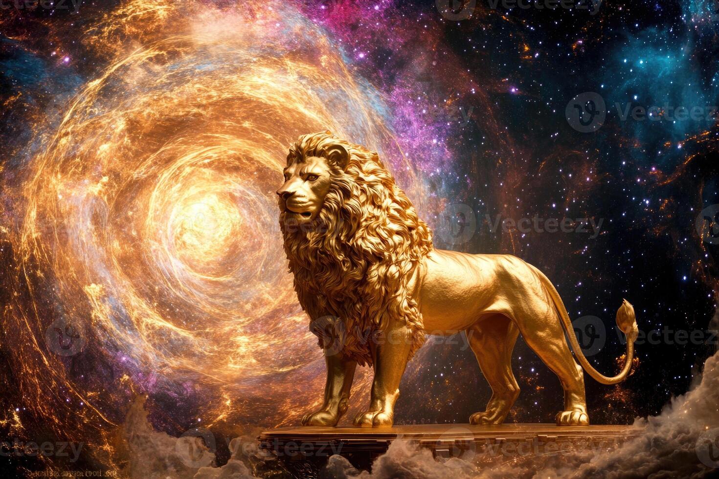 A golden lion statue with a glowing cosmic portal. photo