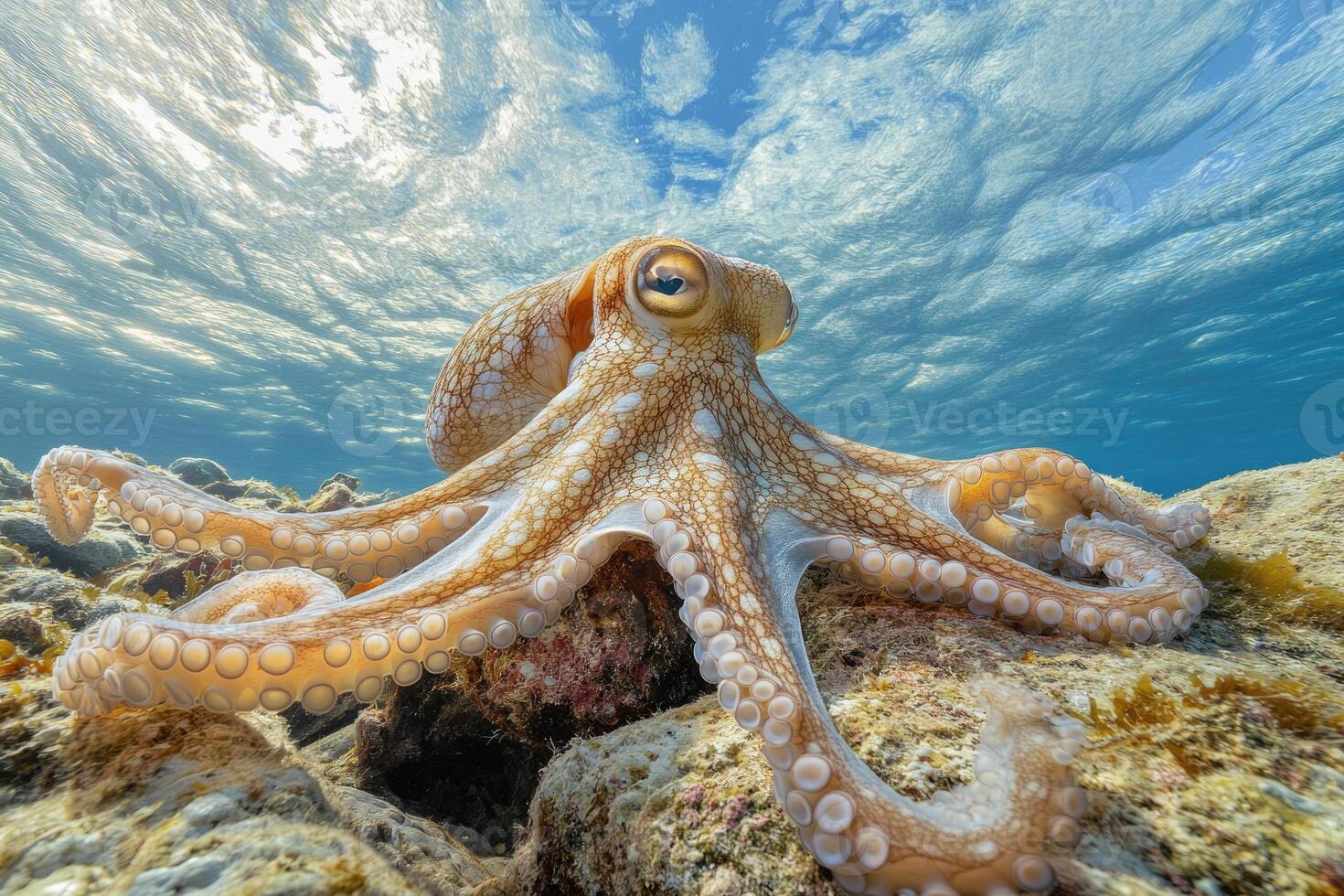 A curious octopus exploring the seafloor with its tentacles extended. photo