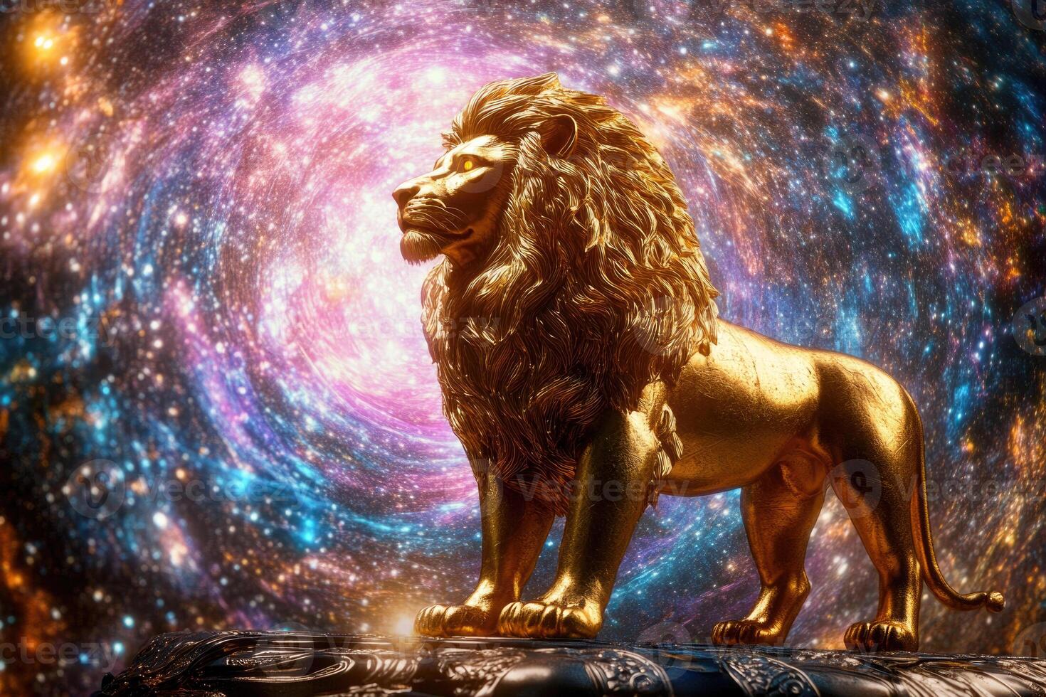 A golden lion statue with a glowing cosmic portal. photo
