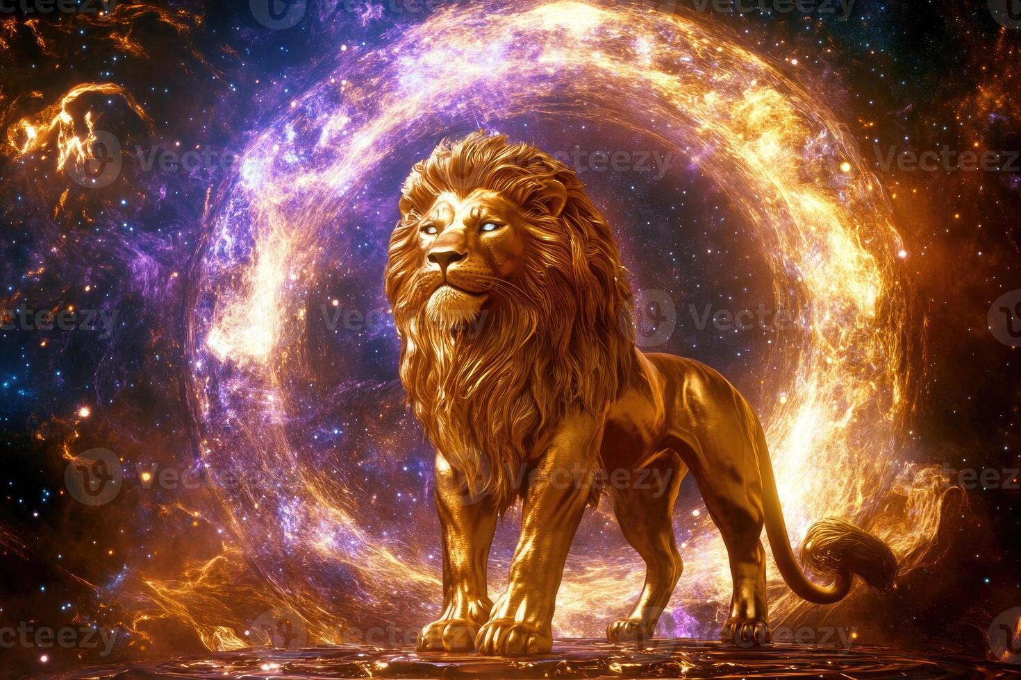 A golden lion statue with a glowing cosmic portal. photo