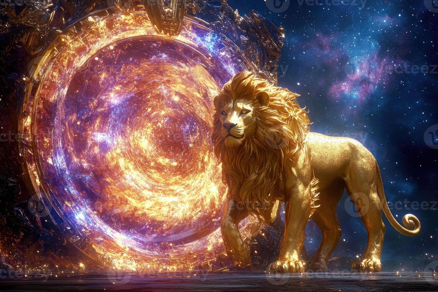 A golden lion statue with a glowing cosmic portal. photo