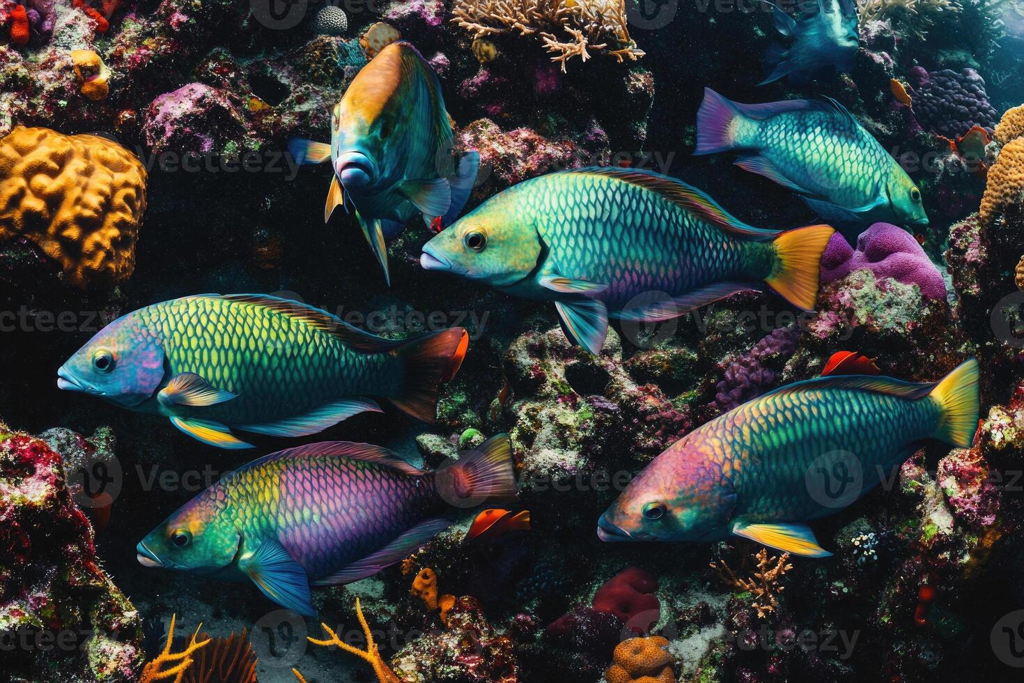 A vibrant school of parrotfish grazes on coral in a bustling, colorful reef. photo